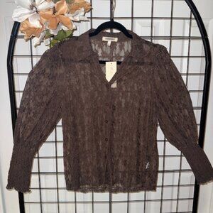 NWT- AMBER SKIES BROWN LACE SHIRT/ PUFF SHOULDERS/SLEEVES